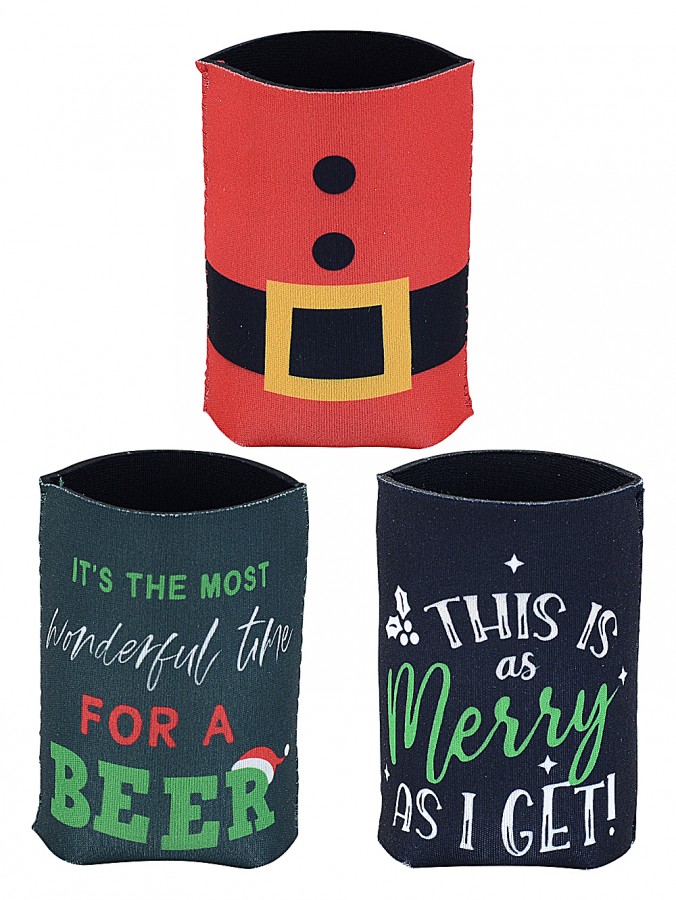 Assorted 10cm Santa Suit Or Christmas Text Themed Stubby & Can Holders
