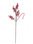 64cm Red Berries, White Leaves & A Candy Cane Spray Long Christmas Stem