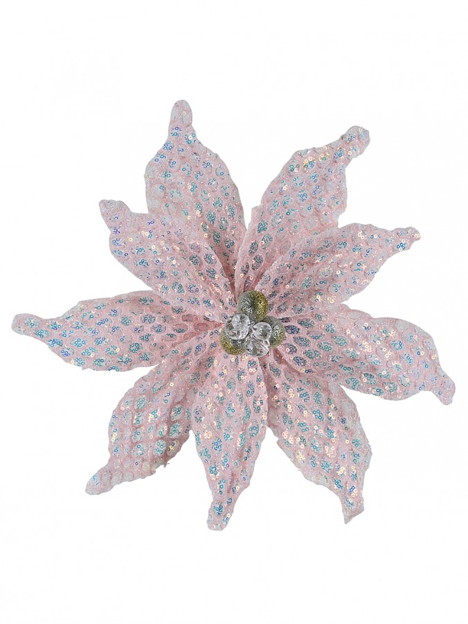 36cm Light Pink Honeycomb Mesh & Sequin Poinsettia Christmas Tree Clip Pick