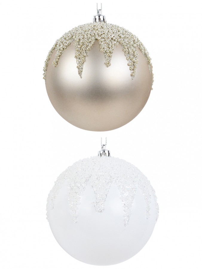 White & Champagne Christmas Baubles With Beads In Icicle Pattern - 2 x 10cm
