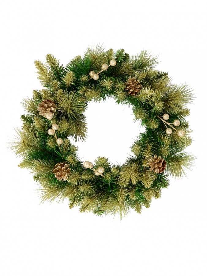 Gold Glittered Natural Look Wreath With Pine Cones, Berries & 94 Tips - 48cm