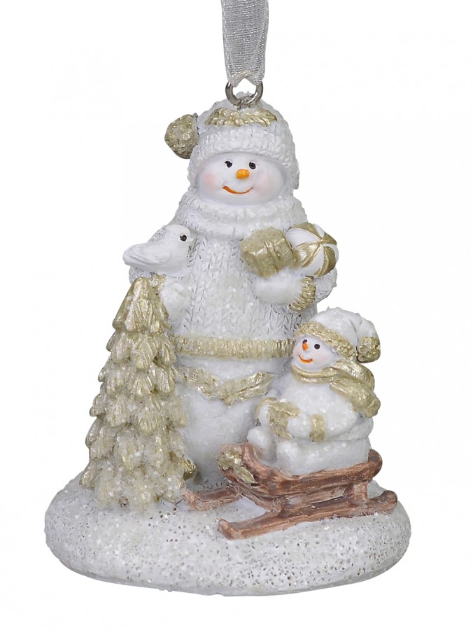 Standing Snowman with Snowchild on Sled, Hanging Ornament - 70mm