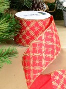 9m Gold Glitter Circles & Squares On Red Organza Wide Cut Ribbon