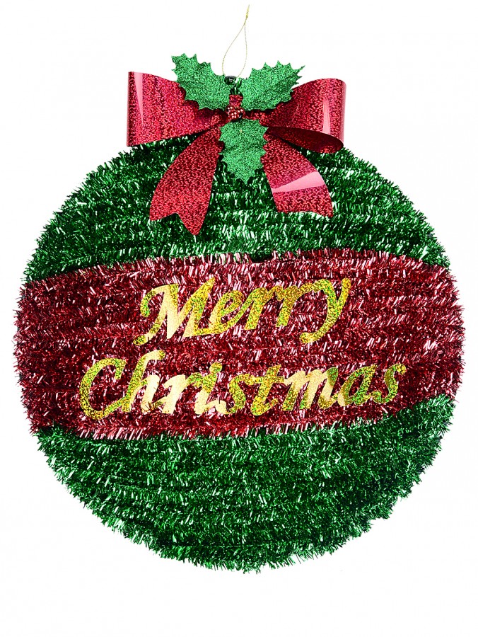 43cm Red & Green Decorated Merry Christmas Bauble Tinsel Plaque