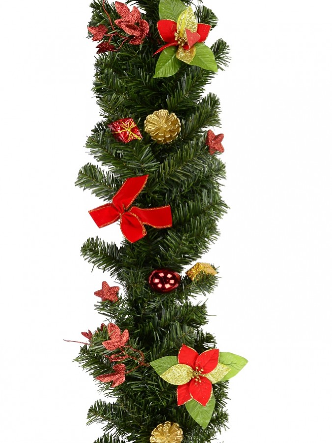 Decorated Red, Green & Gold Mixed Foliage & Floral Pine Garland - 2.3m