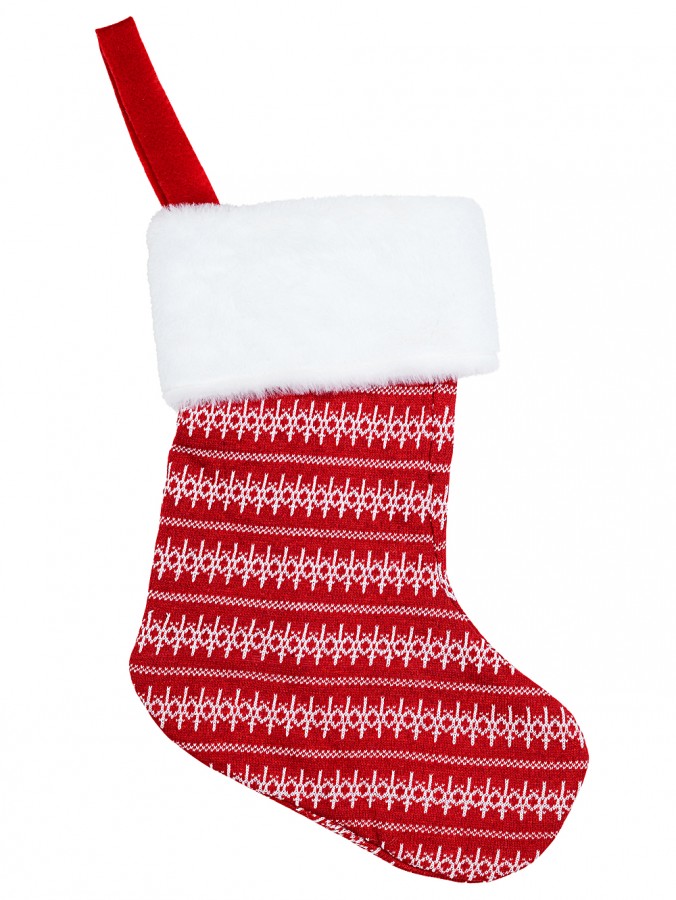 Red Knitted Christmas Sweater Look Stocking With White Pattern & Cuff - 40cm