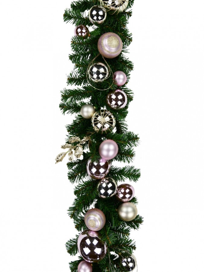 Champagne & Pink Bauble Decorated Garland With Ribbon - 2.7m