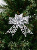 Silver Mesh Look Ribbon Bow & Poinsettia Christmas Decoration - 15cm