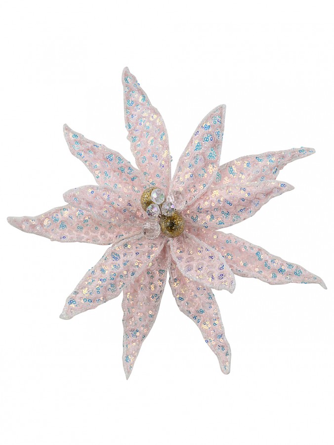 30cm Light Pink Honeycomb Mesh & Sequin Poinsettia Christmas Tree Clip Pick