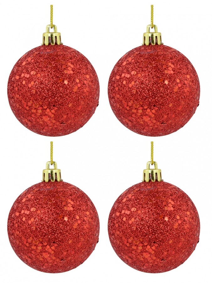 Red Metallic Sequins & Glitter Coated Baubles - 12 x 60mm