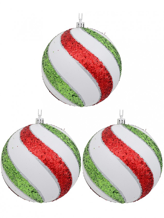 White with Red, Green & Silver Glitter Swirl Pattern Large Baubles - 3 x 12cm