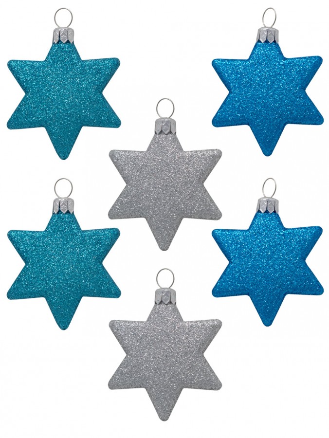 Turquoise, Silver & Blue Glittered Star Decorations- 8 x 65mm