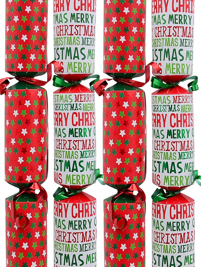 Red & White With Green Stars & Font Christmas Cracker Bon Bons - 6 x 22cm