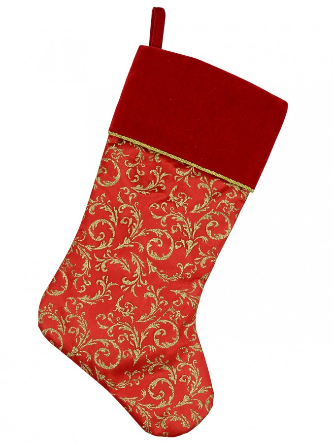 Red Velvet Stocking With Gold Glittered Pattern - 52cm