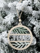 Wood ' JOY ' & Pine Medallion Shape Christmas Tree Hanging Decoration - 10cm