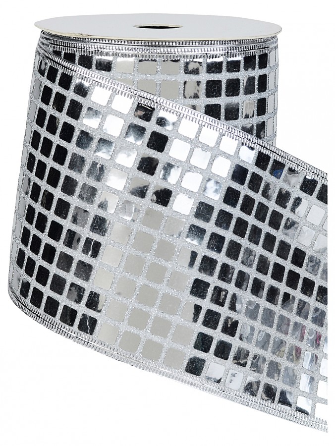 10m Silver Reflective Mirror Ball On Silver Glitter Sheer Wide Cut Ribbon
