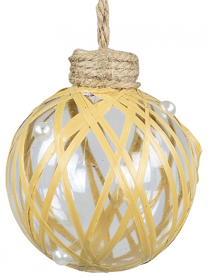 Clear Christmas Bauble Decorated With Raffia Look String & Pearl Beads - 80mm