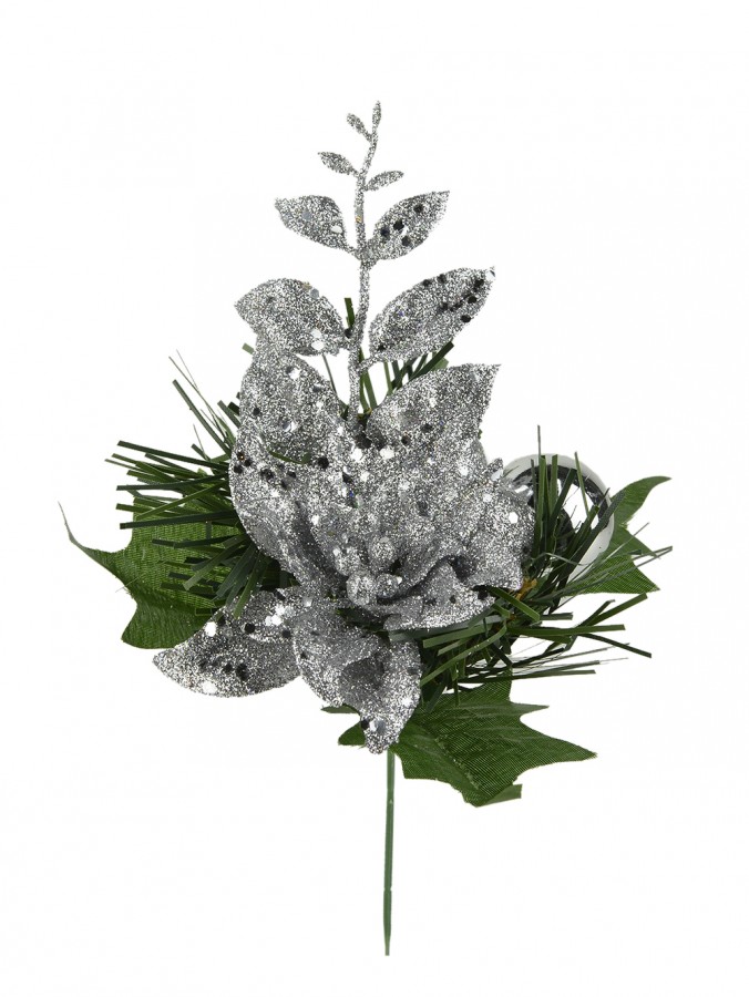 Glittered Silver Poinsettia Pick - 13cm