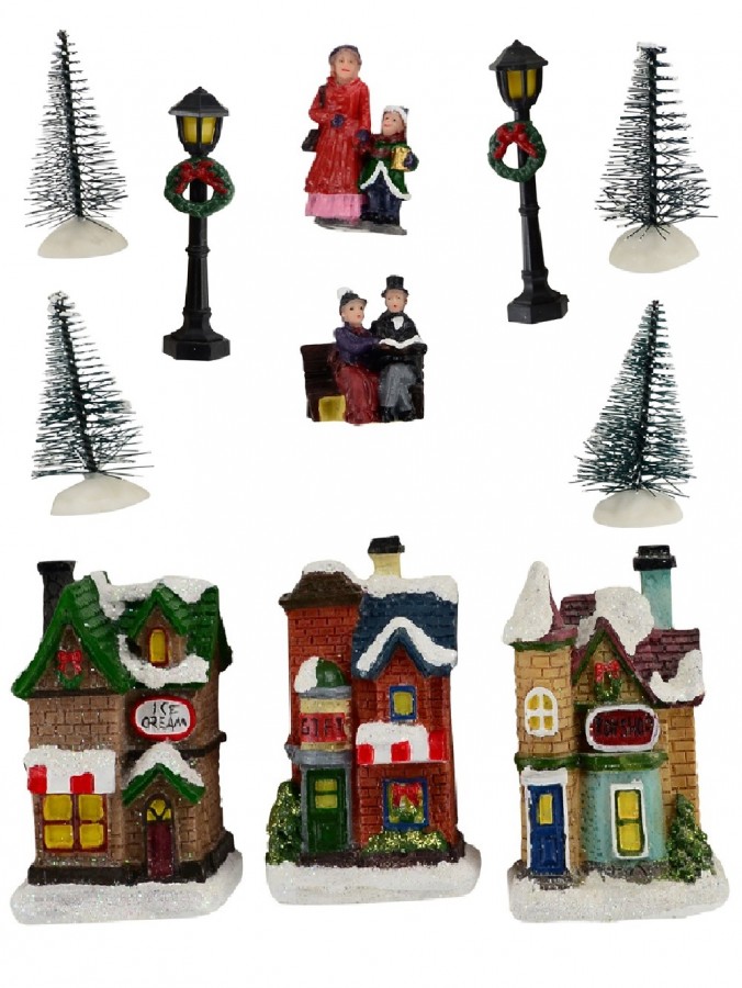 Carollers In Illuminated Town Centre Christmas Village Figurines - 11 Piece Set