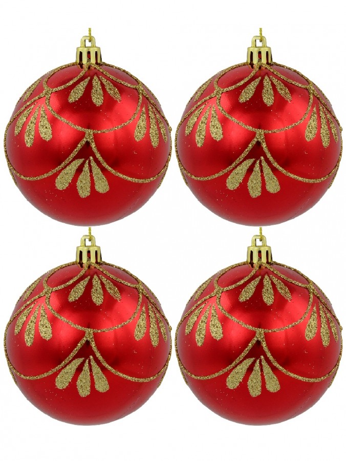 Metallic Red Christmas Baubles With Gold Glitter Ornate Design - 4 x 80mm
