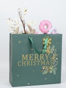 Large Green Gift Bag With Gold Merry Christmas & Mixed Foliage Print