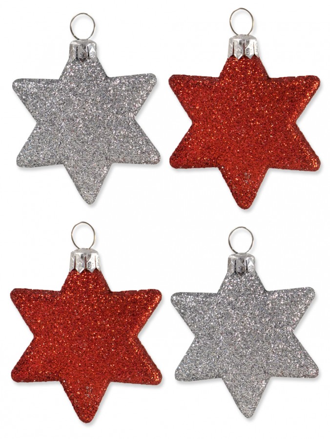 Red & Silver Glittered star decorations - 8 x 65mm