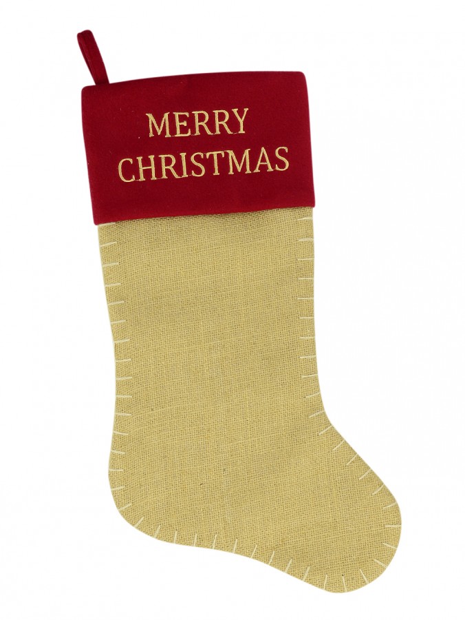 Red Cuff With Merry Christmas Hessian Stocking - 49cm