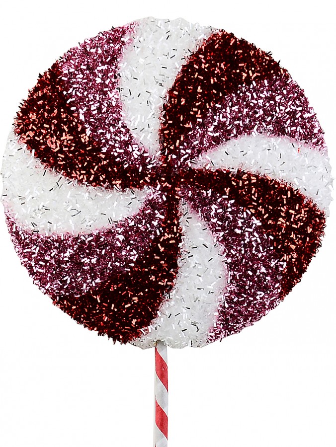 62cm Pink, Red & White Tinsel Fleck Candy Swirl Lollipop Long Christmas Stem