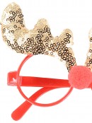 Gold Sequin Deer Antlers & Red Nose Fun Novelty Glasses - One Size Fits Most