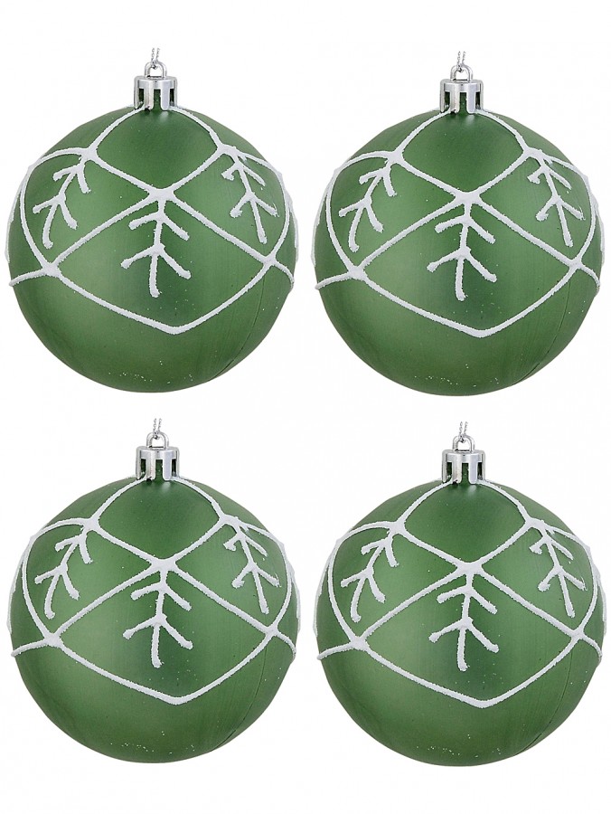 4x Sage Green Frosted Snowflake Grid Whimsical Signature Baubles | 80mm