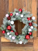 60cm Winter Frost Fir & Pine Wreath With Red, Pink & White Baubles 