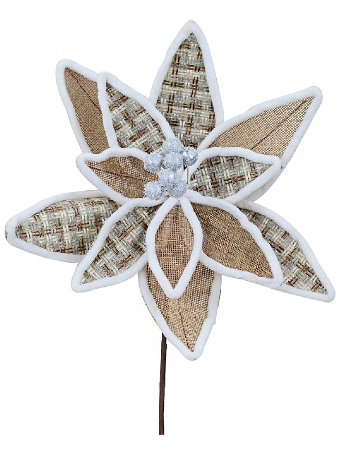Natural Hessian & Woven Tweed Poinsettia Stem With Frosted Trim | 26cm