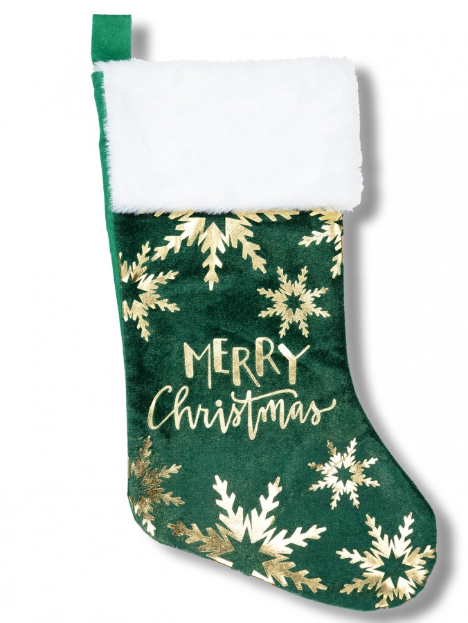 45cm Gold Merry Christmas & Snowflakes Emerald Velvet Stocking With Cuff
