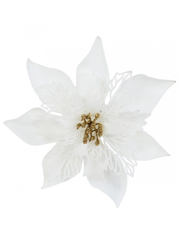 White With Gold Stamen Poinsettia Christmas Flower Clip Pick - 22cm Wide