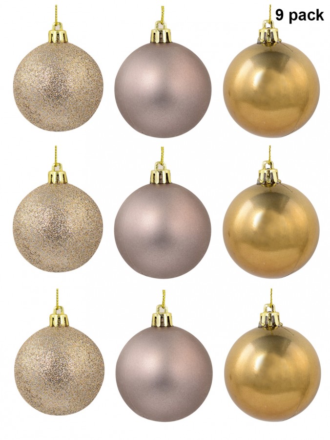 Matte Fawn, Shiny Bronze & Bonze Glitter Baubles - 9 x 60mm