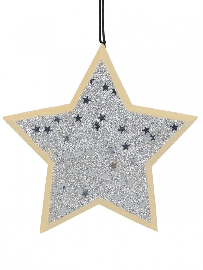 Wood Star With Silver Glitter & Stars Christmas Tree Hanging Decoration - 12cm
