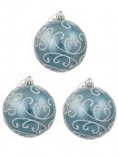 Ice Blue Metallic Baubles With Glitter, Painted Swirls & Sequins - 3 x 80mm