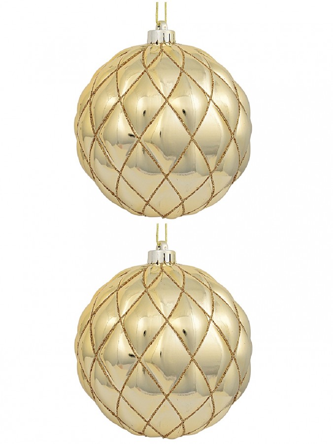Shiny Gold With Diamond Pattern Convex Textured Large Baubles - 2 x 15cm