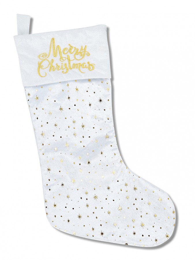 Merry Christmas White Velvet Gold Foil Star Stocking | 51cm