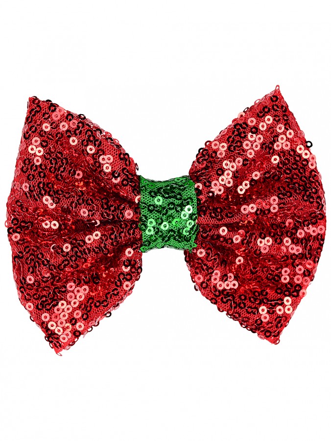 Vibrant Red Sequin Christmas Bow Hair Clip With Green Center Knot | 11cm