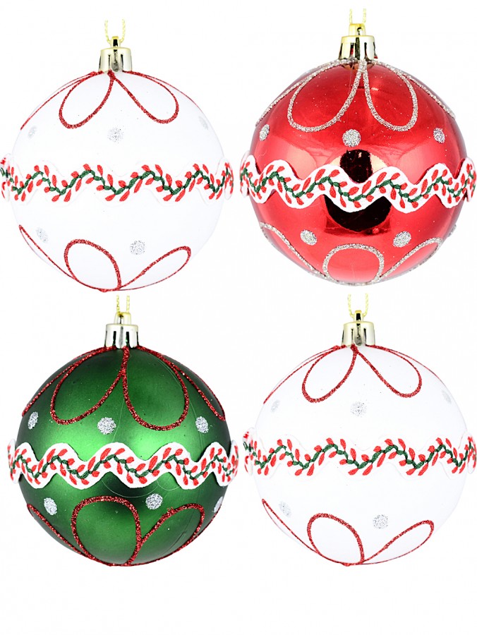 4x 80mm White, Green & Red Christmas Baubles With Lace & Glitter Patterns