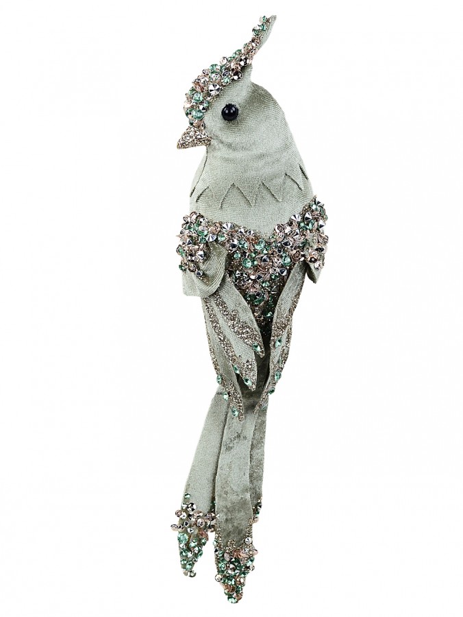 Sage Green Velvet Cockatoo Pick With Rose Gold & Emerald Jewels | 30cm