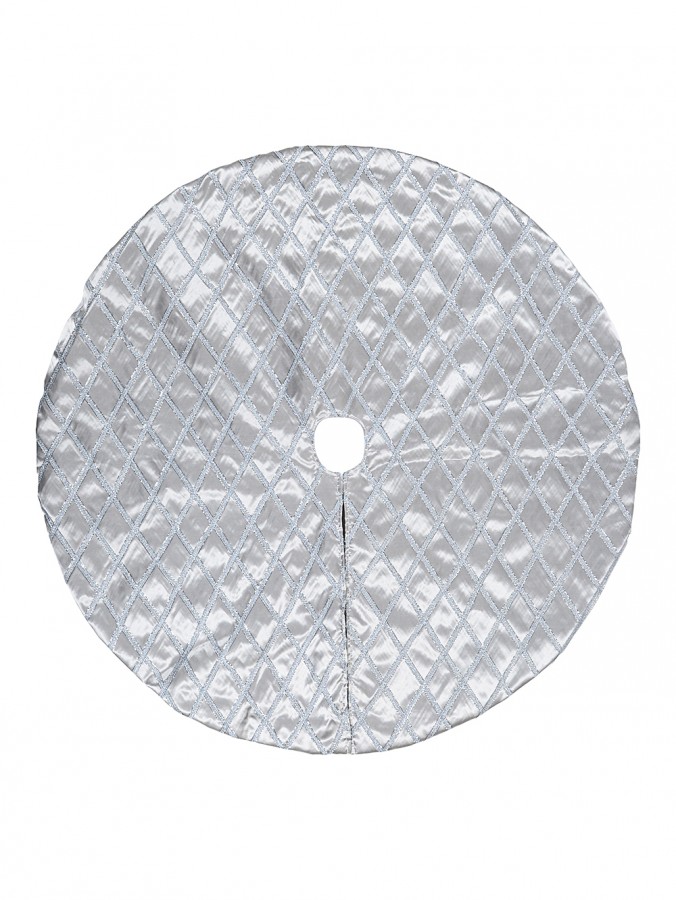 1m Silver Silk Christmas Tree Skirt With Silver Tinsel Ribbon Lattice
