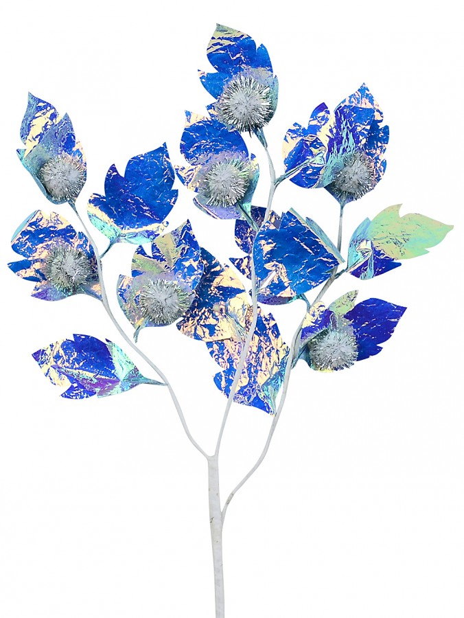 50cm Iridescent Blue Hawthorn Like Leaf Spray Long Christmas Tree Clip Stem