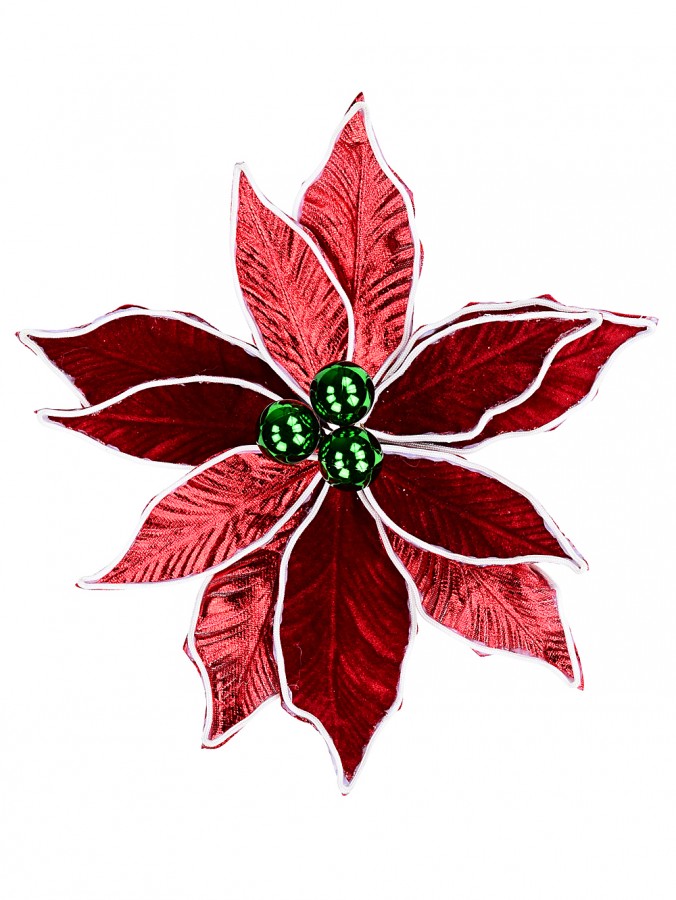 Red Poinsettia With White & Green Decorative Christmas Clip Pick - 30cm Wide