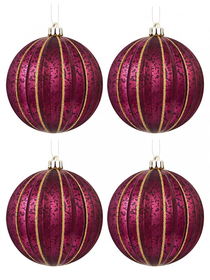 Matte & Shiny Burgundy Baubles With Antique Finish & Glitter Lines - 4 x 10cm