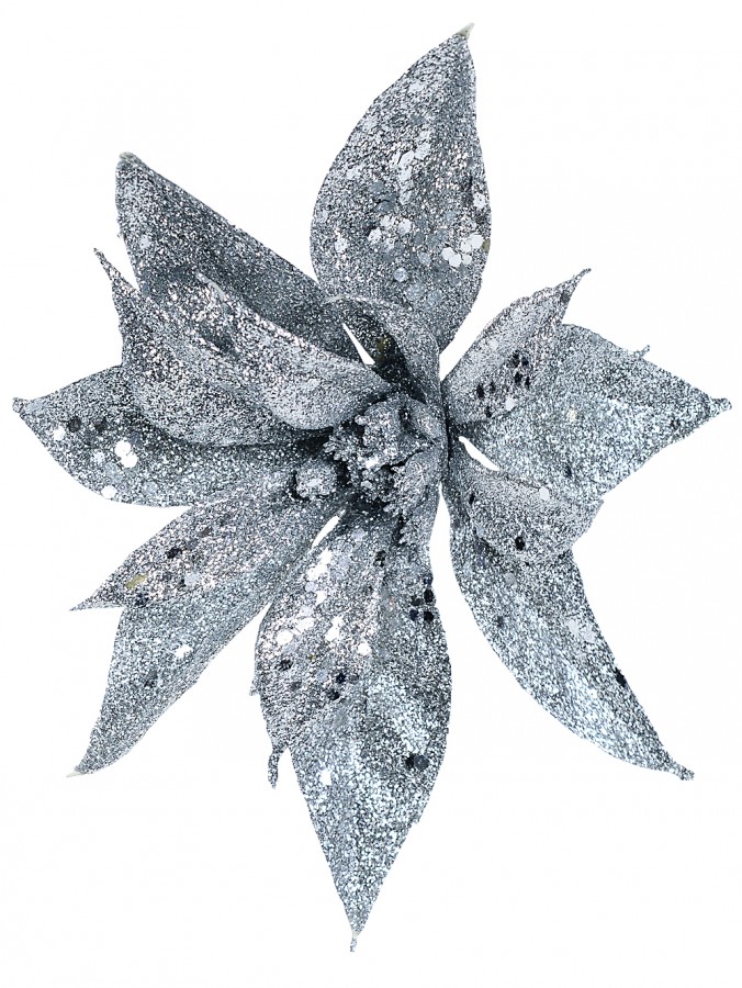 Silver Glitter & Sequin Poinsettia Christmas Flower Stem Pick - 19cm Wide