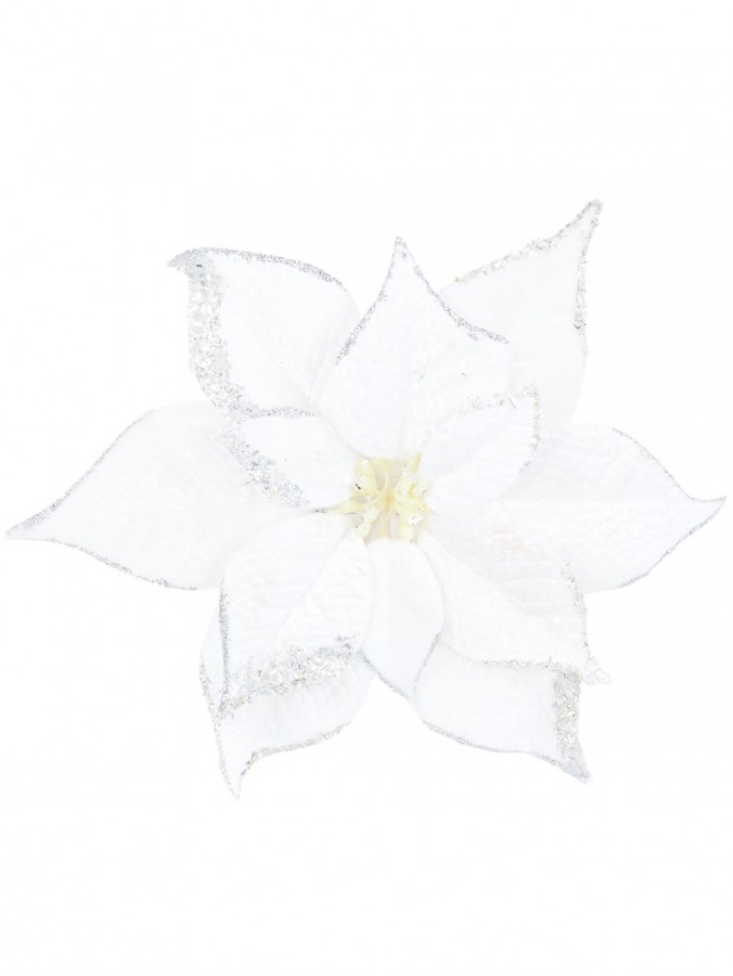 White With Silver Edge Poinsettia Decorative Christmas Flower Pick - 27cm
