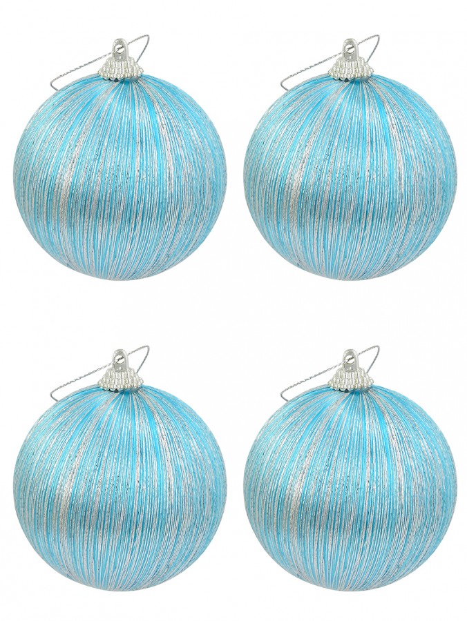 Blue With Silver Silk Thread Christmas Bauble Decorations - 8 x 75mm