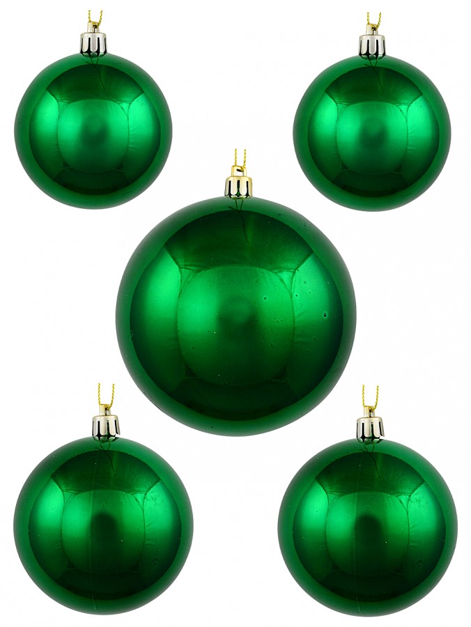 6x Shiny Forest Green Whimsical Mixed Size Ball Baubles | 70mm, 80mm & 10cm